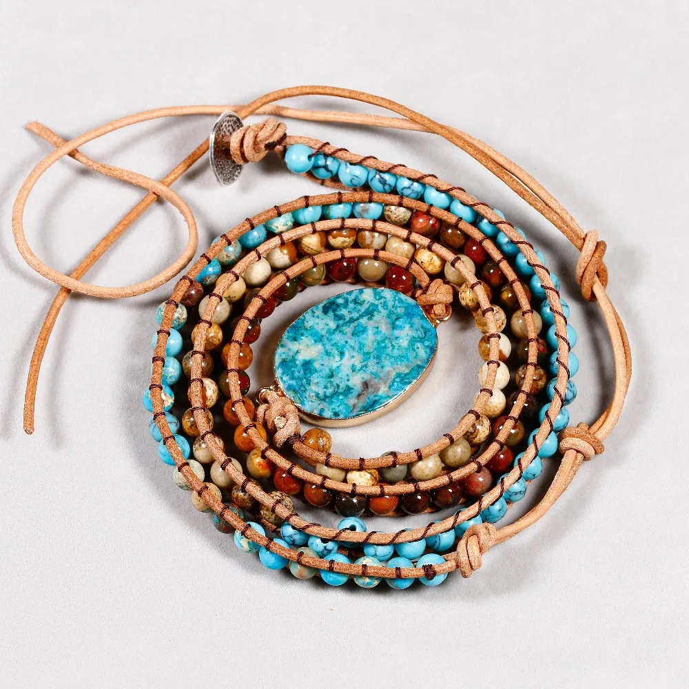 Women Wrap Bracelets Natural Stone Weave Boho Multilayers Leather Bracelets