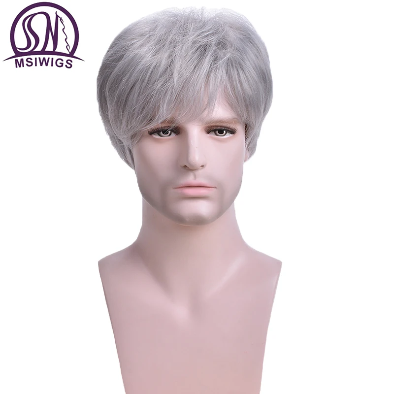 MSIWIGS Short Silver Grey Wig Mens Synthetic Hair Old People Wigs Straight for the aged White Color