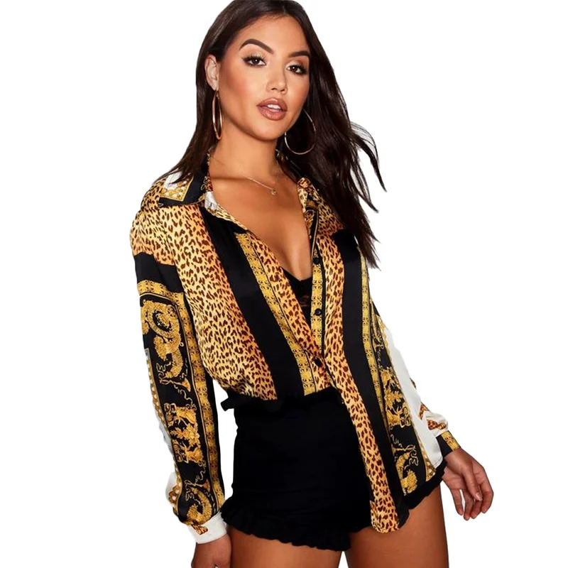 

2019 Spring Women Elegant Party Loose Button Shirt Turn-down Collar Female Leopard Print Knot Front Long Sleeve Blouse V-Neck