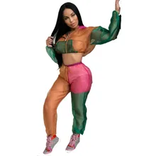 MUXU fashion cropped two piece set two piece set top and pants transparent women suits patchwork MUXU fashion cropped two piece set two piece set top and pants transparent women suits patchwork