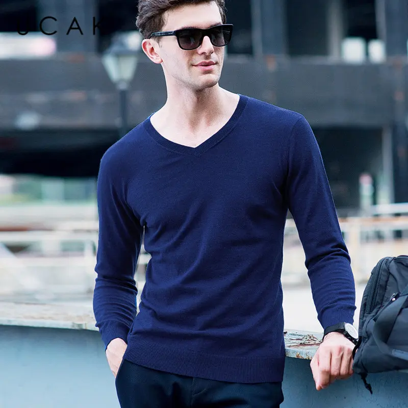 UCAK Brand Sweater Men Classic Casual V Neck Pull Homme Pure Merino Wool Pullover Men Autumn 2
