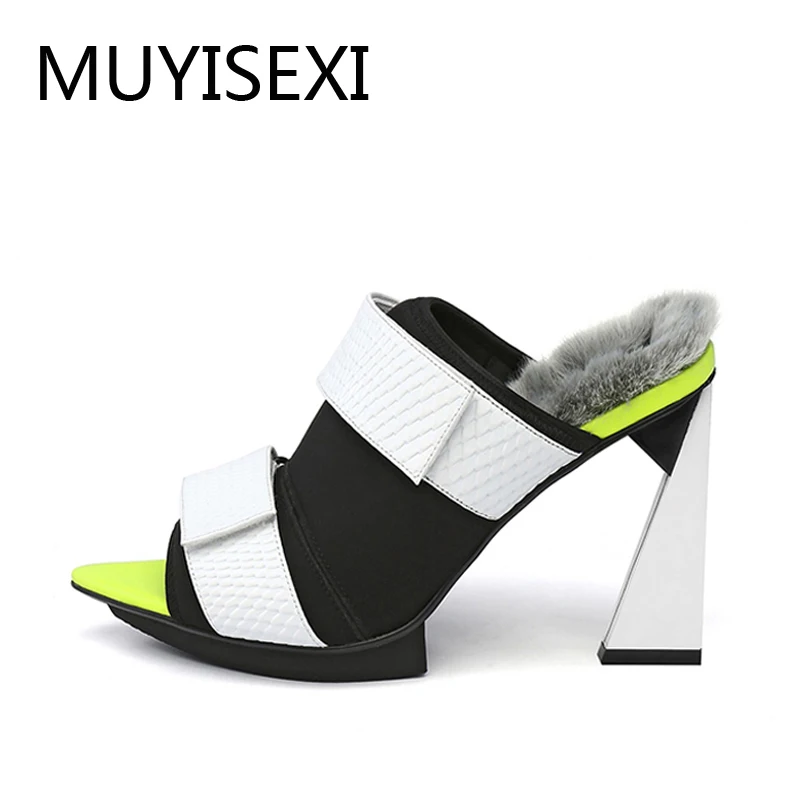 

Rabbite Fur Mules Genuine Leather Platform 11cm Extreme High Heels Slippers Women Pink Black White L048 MUYISEXI