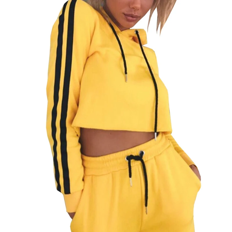 Tracksuit 2pcs Women Set Hoodies Crop Top Sweatshirt+Side Stripe Pants