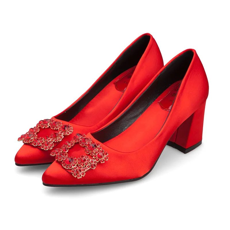 

2019 Women With Chunky Heels Wedding Shoes With Red Pointed Diamond Beads Spring/Autumn Elegant String Bead