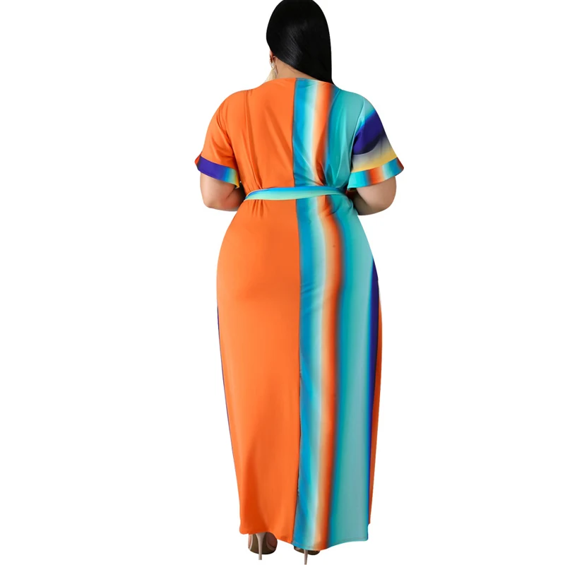 

Summer new women's print large size dress L-3XL fashion casual positioning print dress with belt