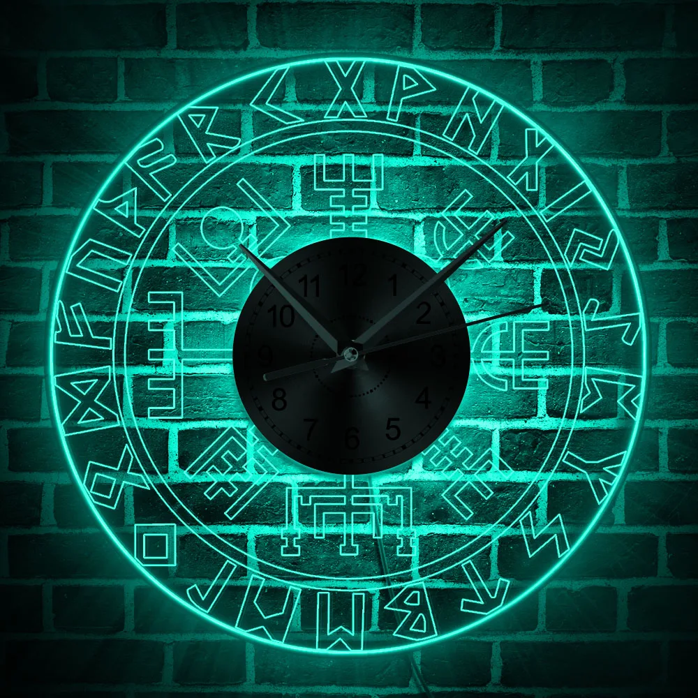 Reloj de pared luminoso Norse runa brújula con luz LED vikingo runas acrílico LED borde iluminado pared reloj hombre cueva Bar señal luminosa