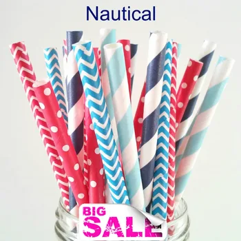 

125pcs Mix Colors NAUTICAL Party Drinking Paper Straws,Navy and Light Blue Striped,Blue and Red Chevron,Red Swiss Dot,Wedding