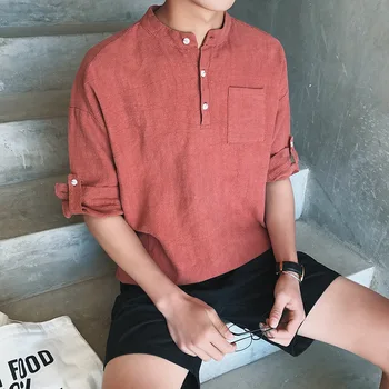 

linen five points sleeve leisure men's shirts loose collar shirt sleeve comfortable breathable turtleneck shirt in summer youth