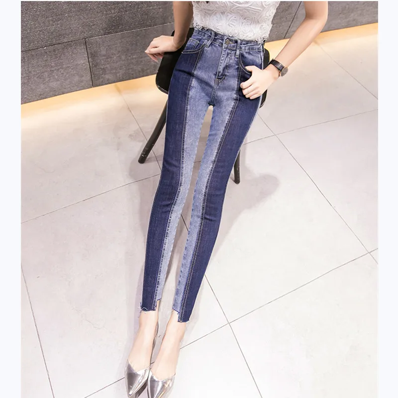 JUJULAND new summer fashion tide blue high waist patchwork hit color woman pencil pantsColor Blocking jeans 846