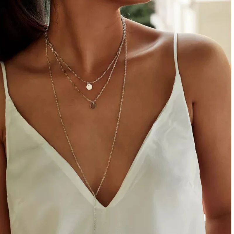 

2018 New Arrival Simple Delicate Round Sequin Pendant Design Chain Necklace Set Fashion Layered Necklaces Jewelry for Women