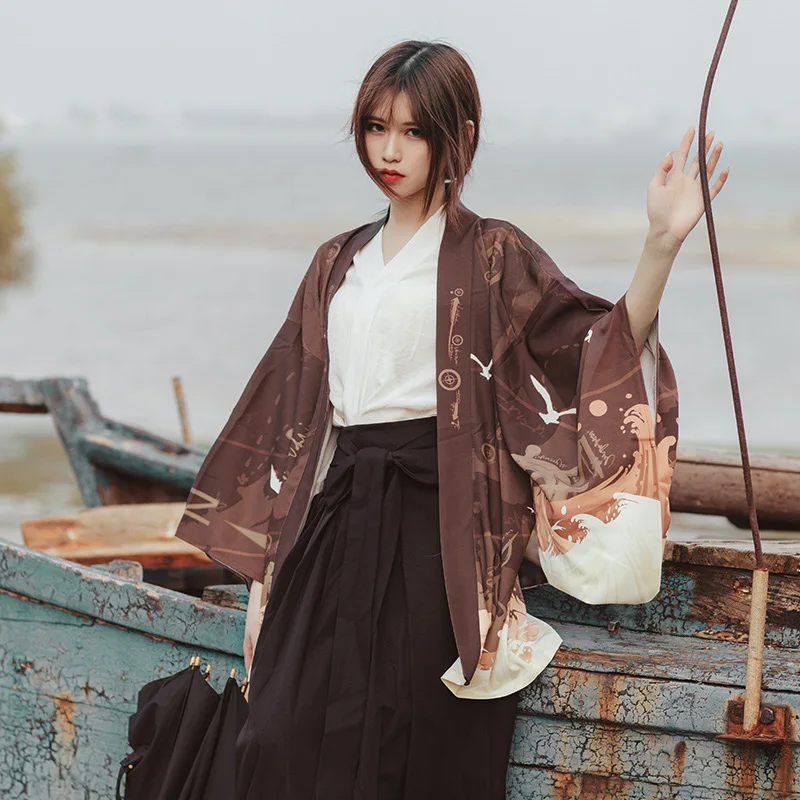 Японский свободный халат винтажный Парусник Voyage коричневый haori летнее
