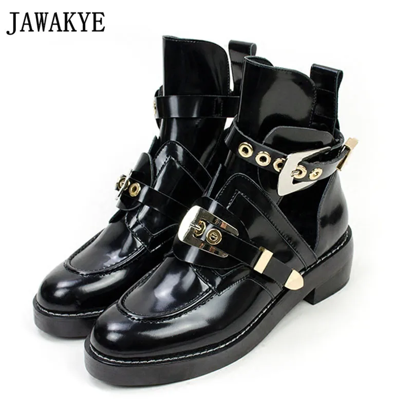 

2018 Autumn genuine Leather ankle boots for women cut out Buckle Straps low Heels Motorcycle martin Boots summer sandals shoes