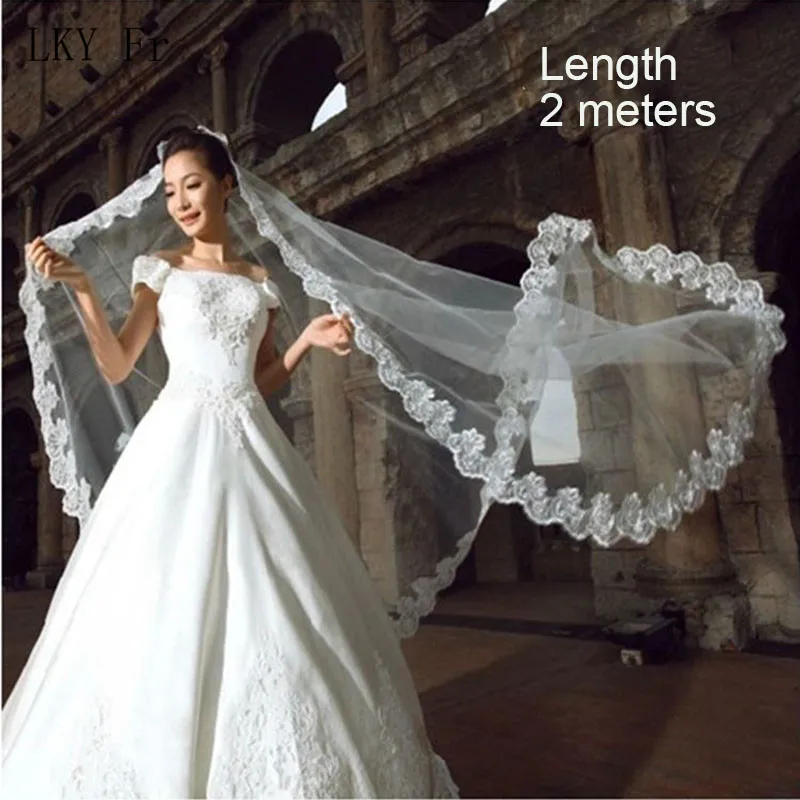 

LKY Fr Wedding Veil With Lace Bridal Veils Short 1.5m/2m 1 Layer White Cathedral Wedding Veil Ivory 3m Long Marriage Accessories