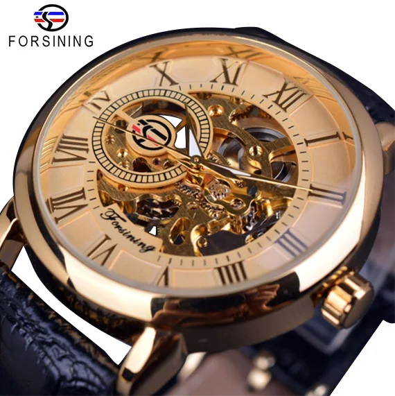 Forsining 3d логотип дизайн полые гравировка черный золотой чехол кожаный Скелет механические часы для мужчин люксовый бренд Heren Horloge - Цвет: Golden