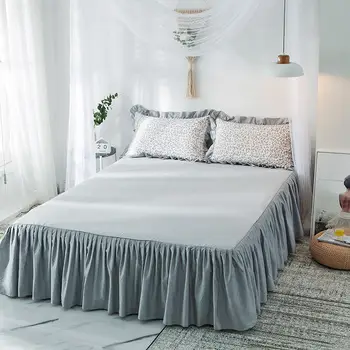 

3 piece solid color bed skirt and printed pillowcases sheets set 100% cotton bed linen single queen king size bed skirts