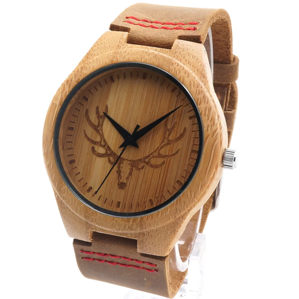 BOBO BIRD Engraved Wolf Head Wooden Wristwatch Fine Jewelry Quartz Watches for Men with Red Stitch Leather Strap in Gift Box