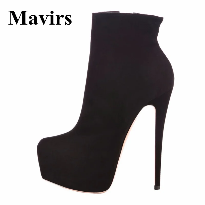 

Mavirs Brand Platform Ankle Boots Faux Suede Women Pumps 2018 Round Toe 16CM Stiletto High Heels Black Bride Shoes Size 5-15