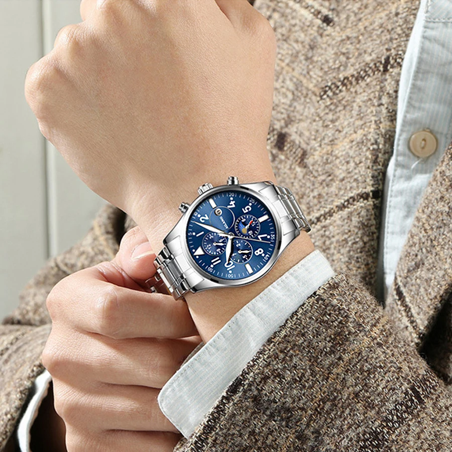 Luxury Brand Silver Stainless Steel Watch Men Top Luminous Casual Calendar Automatic Mechanical Watches Moon Phase Male Clock Luxury Brand Silver Stainless Steel Watch Men Top Luminous Casual Calendar Automatic Mechanical Watches Moon Phase Male Clock