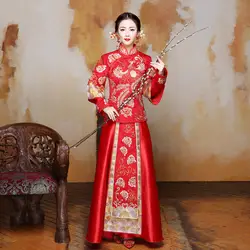 Китай традиционные свадебное платье Qipao красный длинным рукавом Cheongsam Вышивка невесты китайский Стиль платье оптовая продажа Размеры S до XL