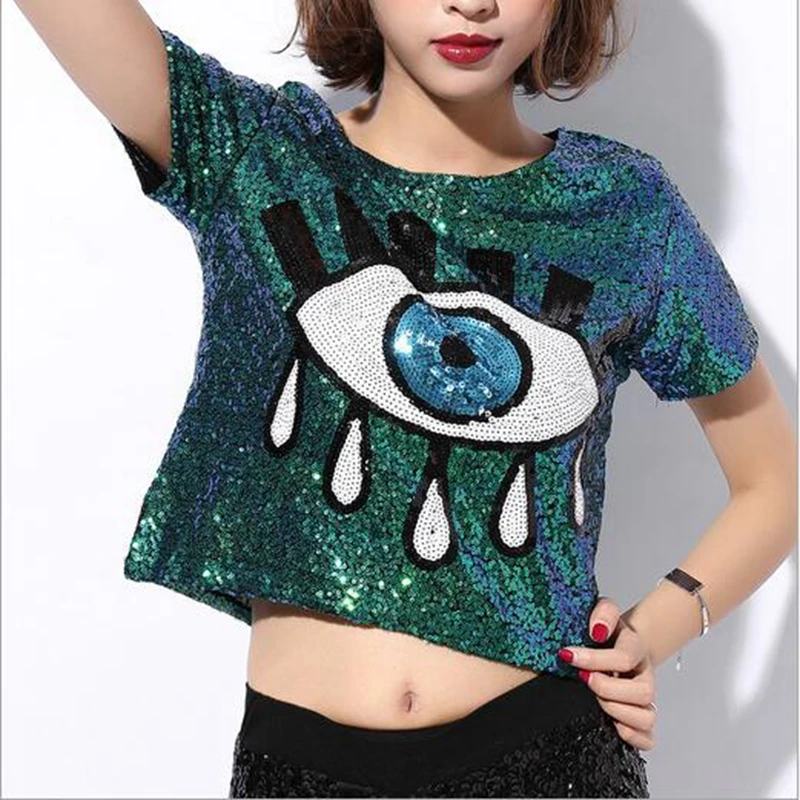 

2016 New Crop Tops Loose Short Tops Sequins Big Eyes Sexy Sequined Casual Sport Tops Pole Dance/Disco/Jazz Dance/Hip-hop T Shirt