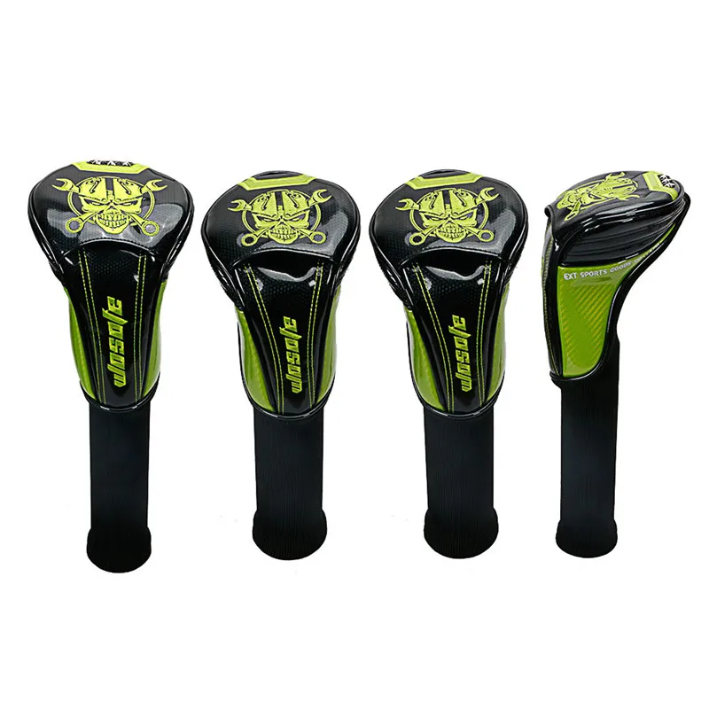 

Golf Club Headcovers 1# Driver 3# 5# Wood # Hybrid Cover black PU Leather with green Skull embroidery Head Covers free shipping
