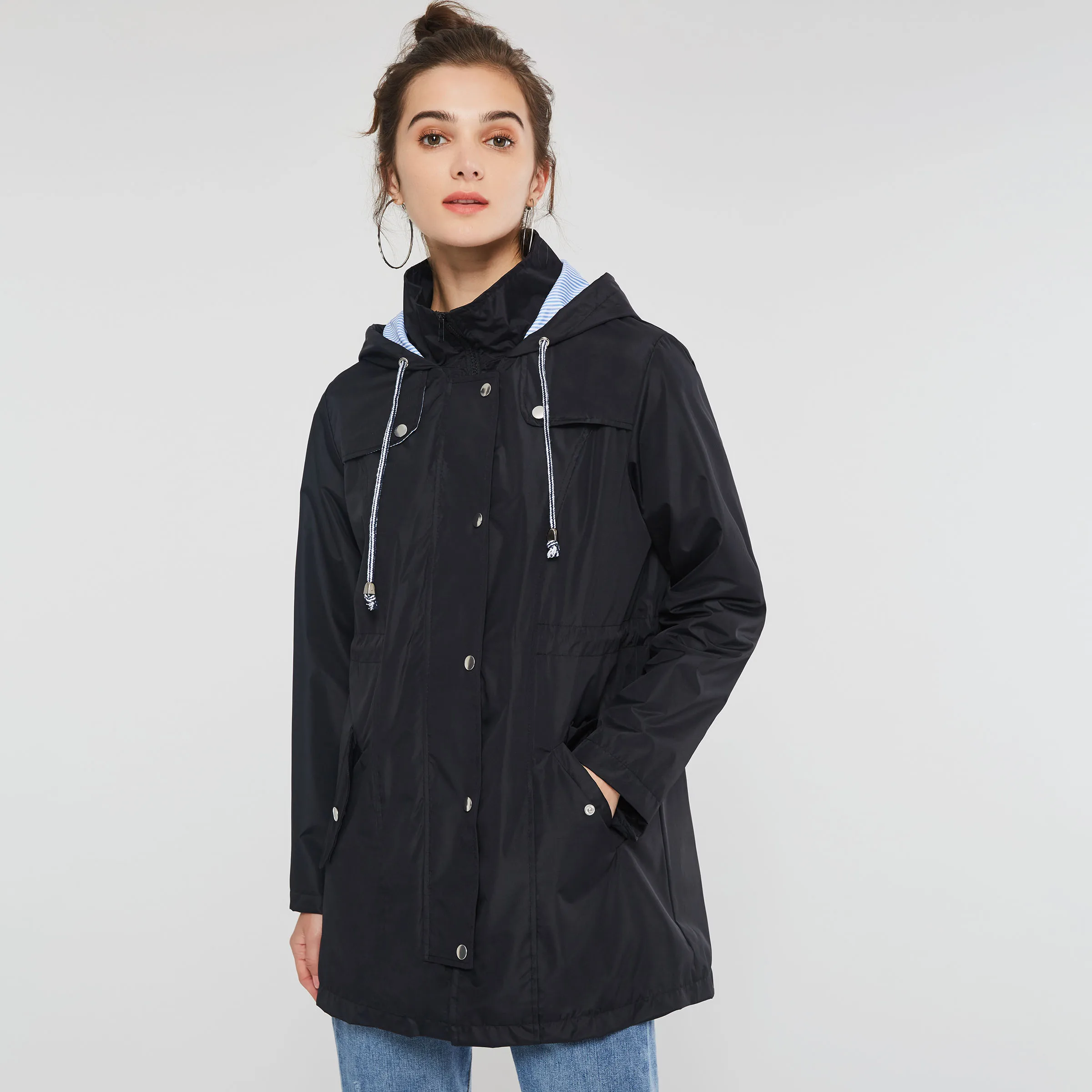 

Gothic Winter Coat F or Women Long Sleeve Hooded Slim Outerwear Elastic Waist Fashion Autumn Button Zipper Trench Coats