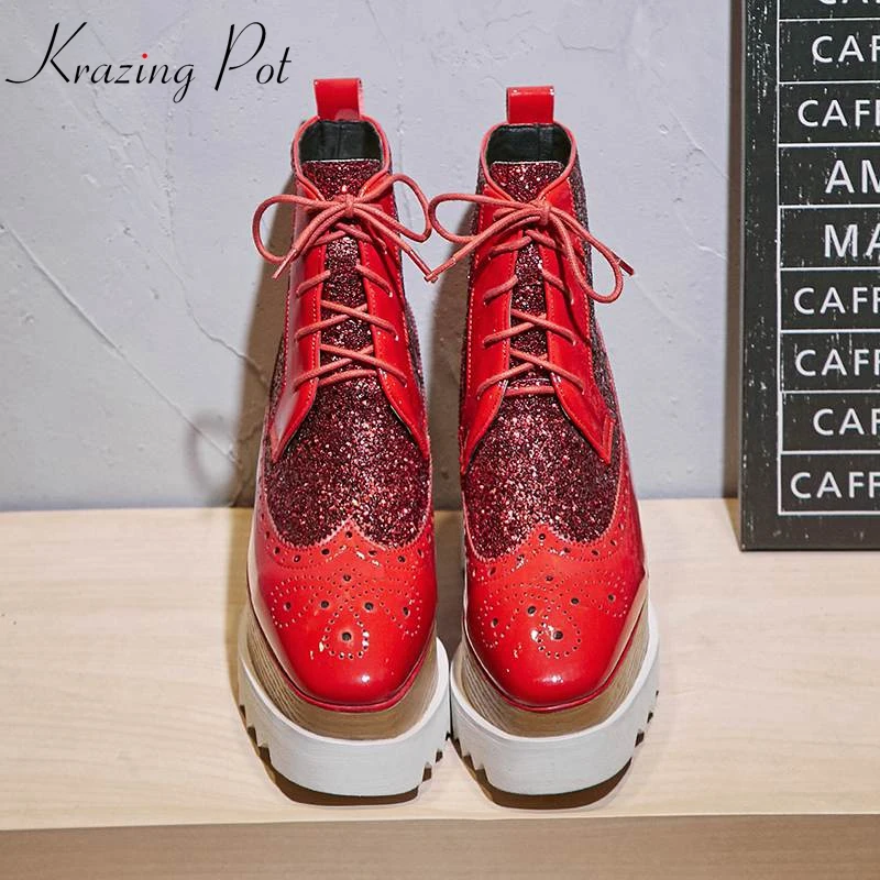 

krazing pot genuine leather 2019 high heel women sequined cloth bling decoration platform brand shoes dailywear basic boots L55