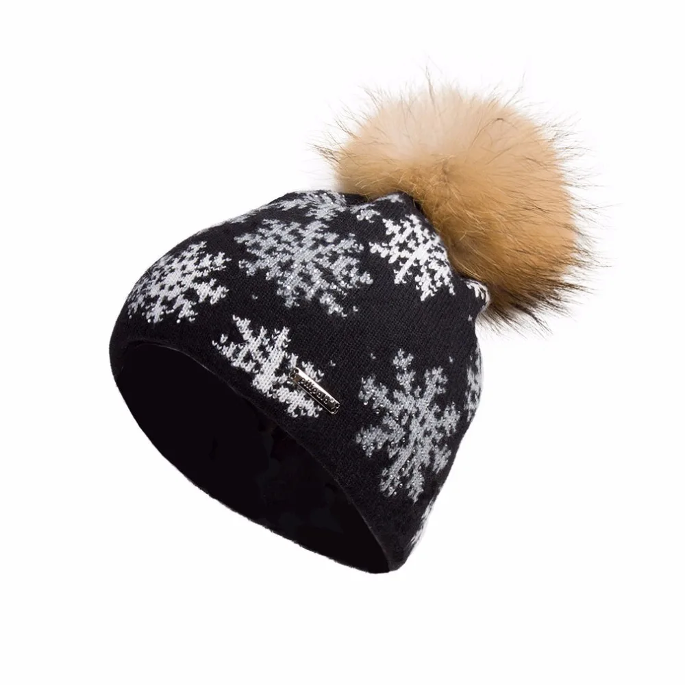 Кашемировая шапочка большого размера с помпоном из натурального меха для женщин, зимняя теплая шапка-помпон с принтом снежинки Fur Story 17602