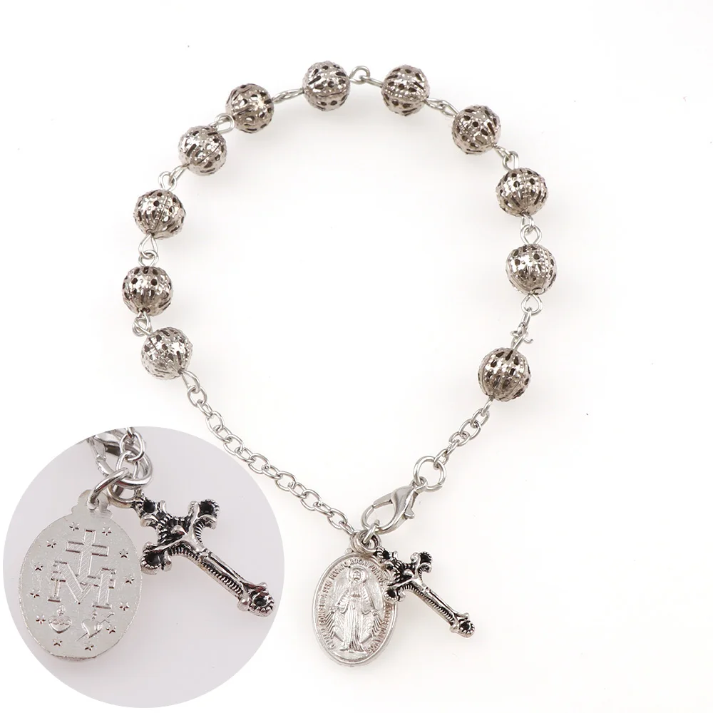 Bracelet Jewelry 6mm Holle Rozenkrans Catholic Religious Rosary Jesus Charm Hollow Bead Rose Bracelet Cross