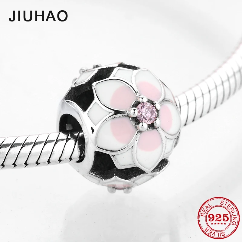 Authentic 925 Sterling Silver Pink Enamel Magnolia Flowers beads Fit Original Pandora Charm Bracelet Jewelry making