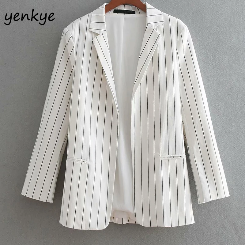 European Style Women Roll up Sleeve Striped Blazer Lady Notched Collar