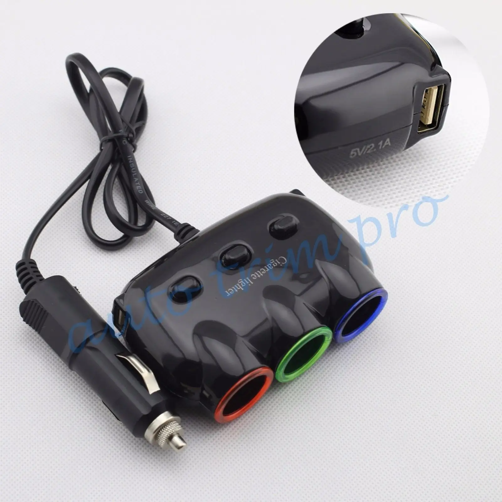 

Universal 3 Socket Cigarette Lighter + 2 USB Ports Adapter Splitter For Auto Car Accessories