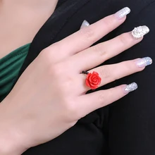 Boeycjr vermelho rosa flor anéis moda jóias cinnabar escultura do vintage anéis para as mulheres de noivado presente de natal anillo anneau