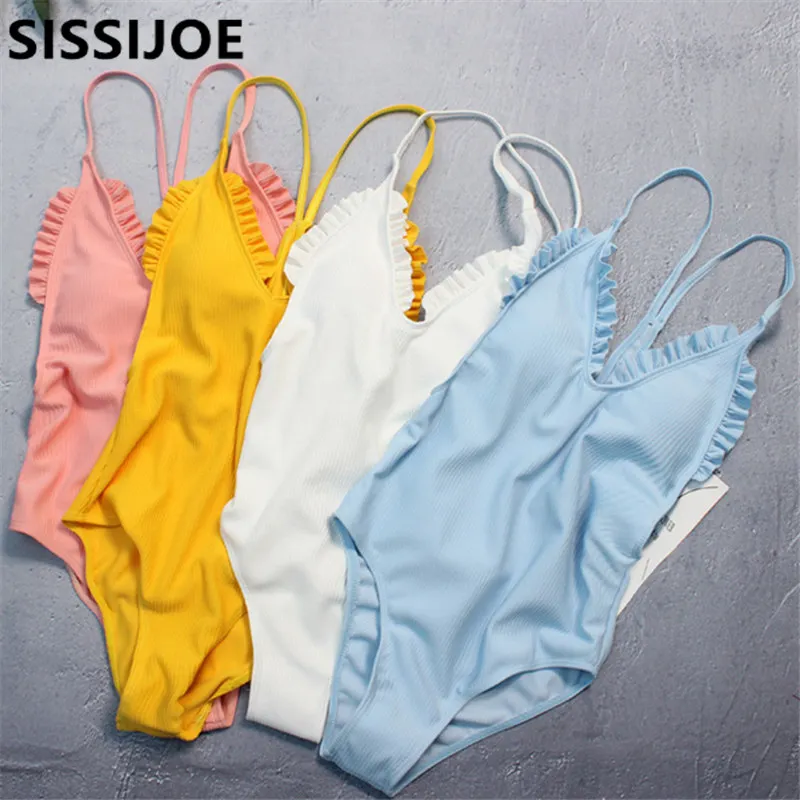 

2019 Summer Deep V One Piece Swimsuit Sexy Ruffles Swimwear Women Beachwear Bathing Suits Seersucker Swim Wear Monokini Bodysuit