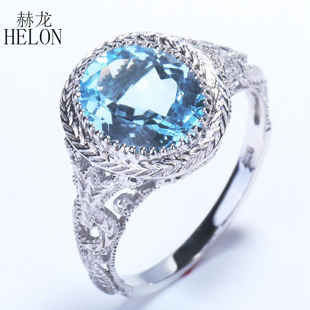 HELON безупречный 2.34ct 10x8 мм Овальный подлинный синий топаз 14 к 585 Белое золото обручальное свадебное кольцо винтажное украшение в стиле АР-деко