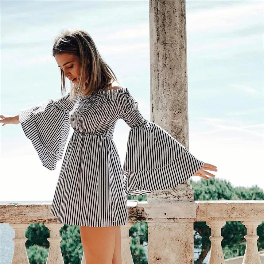 Womens Holiday Off Shoulder Stripe Party Ladies Casual Dress Long Sleeve Slash neck Dress New Style Fashion Mini Vestidos