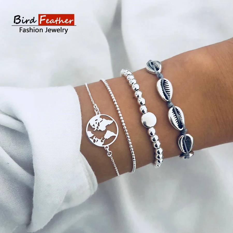 

Silver color Bohemian Handmade Weave shell map bead Bracelet Sets Women 2019 New Rope Chain Bracelets Retro Jewelry Accessories