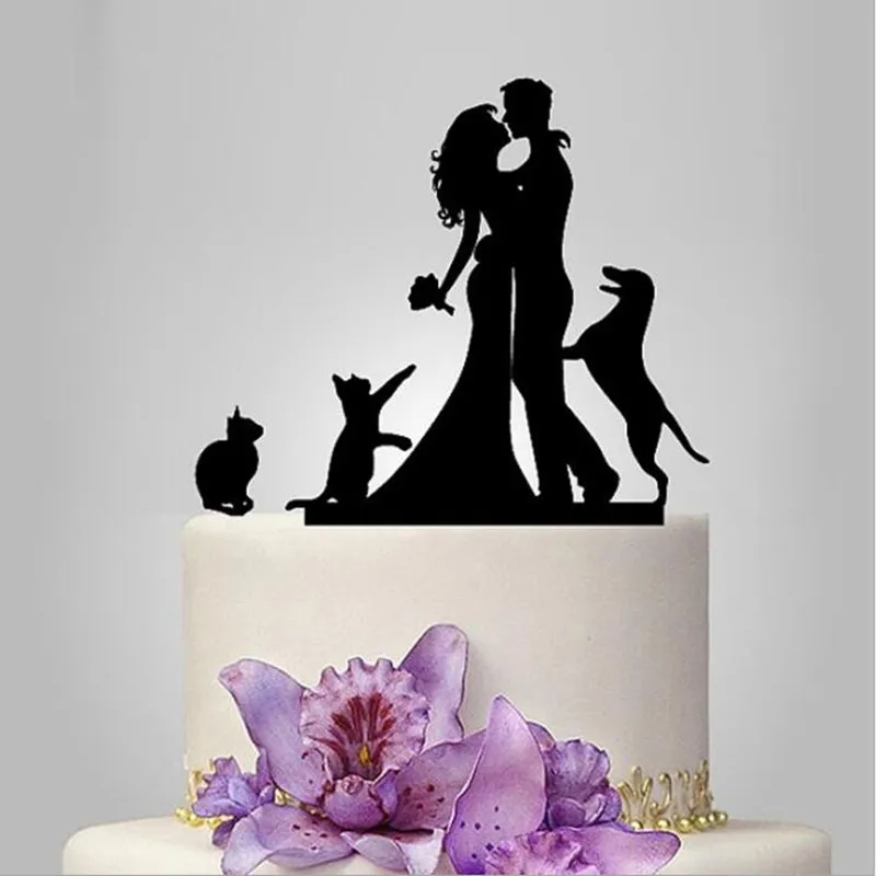Свадебные силуэт для вершины торта с собаками пользовательский жених и невеста свадебные топперы современный Семья вечерние украшения
