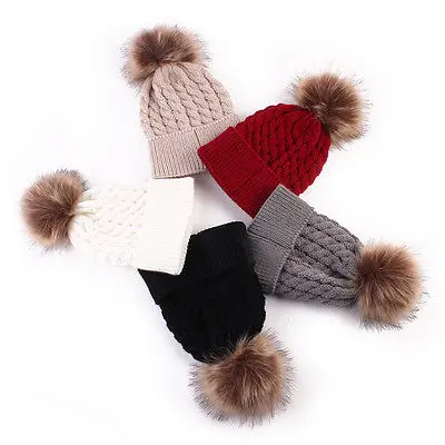 

Winter Women Girls Boys Winter Warmer Wool Fur Kids Cap Pompom Ball Baby Knitted Hat Caps