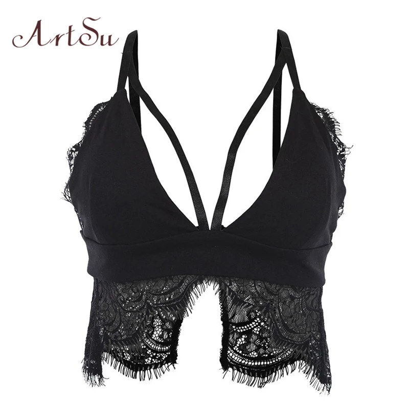 ArtSu Black Lace Bralette Crop Top Camis Boho Sexy Backless V neck Spaghetti Strap Top Camisole