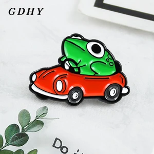 GDHY Enamel Green Frog Brooch Frog Drive Red Cars Brooch Cartoon For Kids Backpack Animal Frog Enamel Pins Badge Jewelry