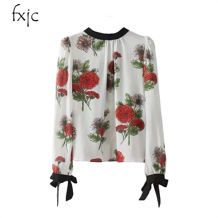 2018 Spring New Women's Cufflinks Bow Printed Blouse