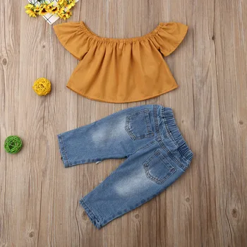 2PCS Toddler Kids New born Baby Girl Clothes Off Shoulder Lace Shirt Tops+Sunflowers Hole Denim Pants Outfits 1-5Y Fast Shipping 4
