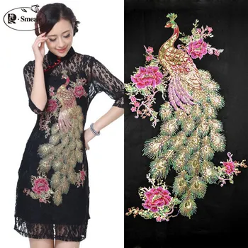 

2Pieces Red White Black Sequins Golden Peacock Exquisite Embroidery Peacock Cloth Affixed DIY Clothing Accessories Sew on RS773