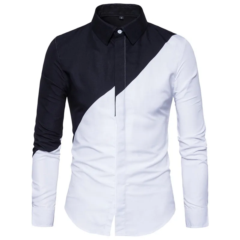 

LOLDEAL Mens Cotton Black White Stitching Color Shirts Casual Slim Fit Fashion Men Lapel Large Size Long-sleeve Shirts Male