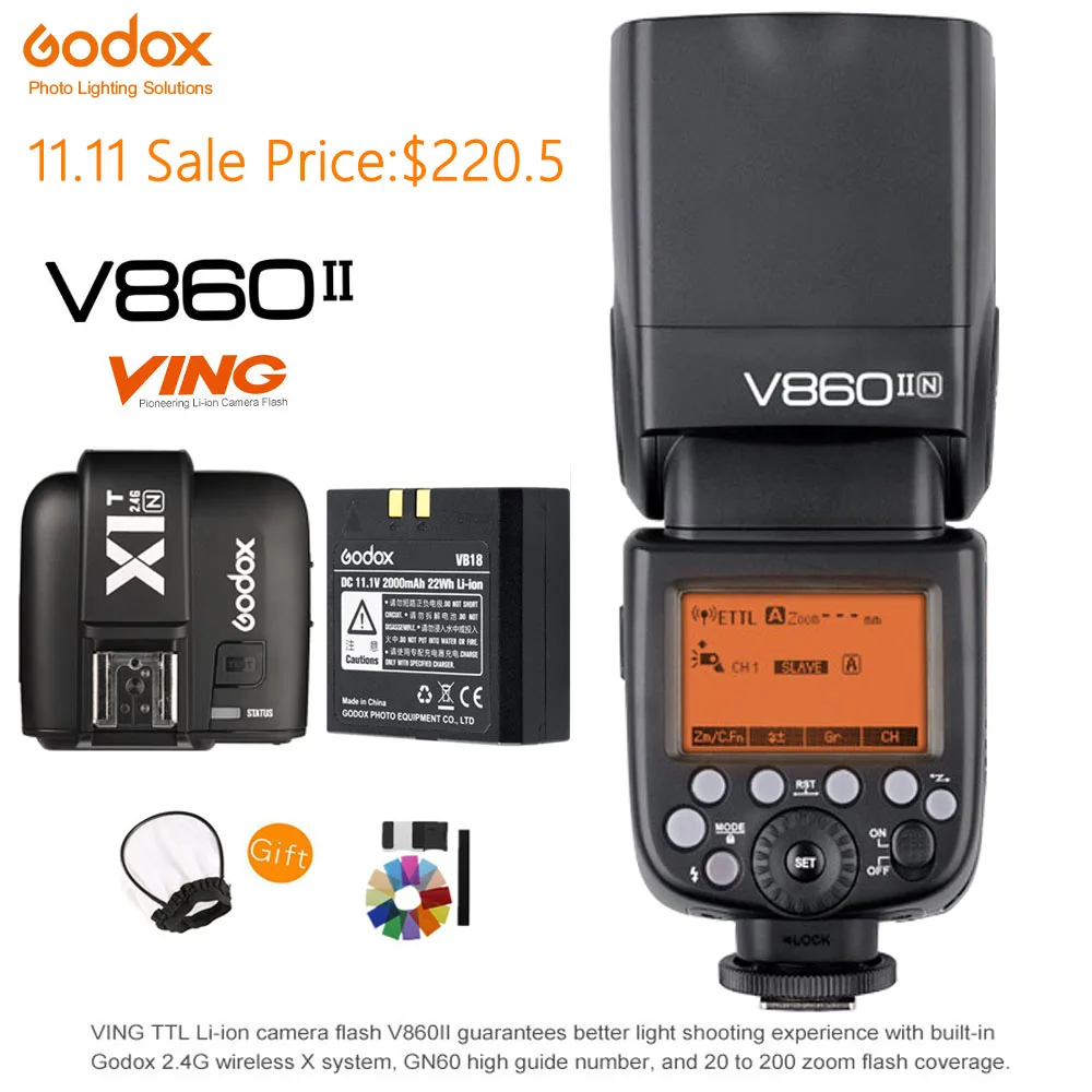 US $242.28 Godox V860IIN TTL Speedlite 24G Wireless LiIon Battery 18000S Flash LightX1TN Flash Trigger Transmitter For Nikon Camera