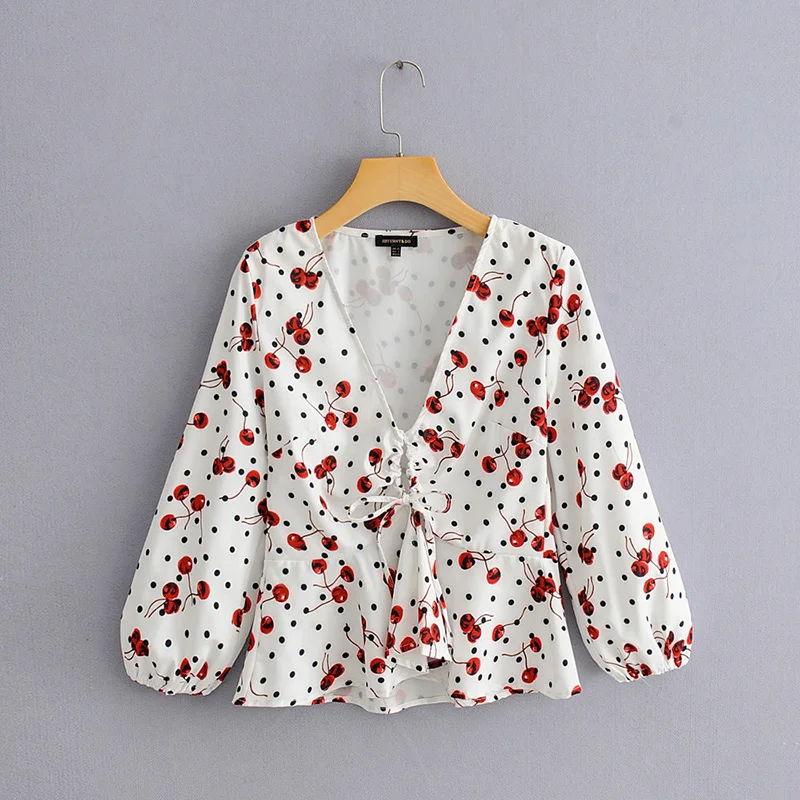 

Summer Shirt Print Women Casual Sweet Female Full Lantern Sleeve Shirts Fold Spring Ladies V-Neck Tops Thin Shirt with Tape