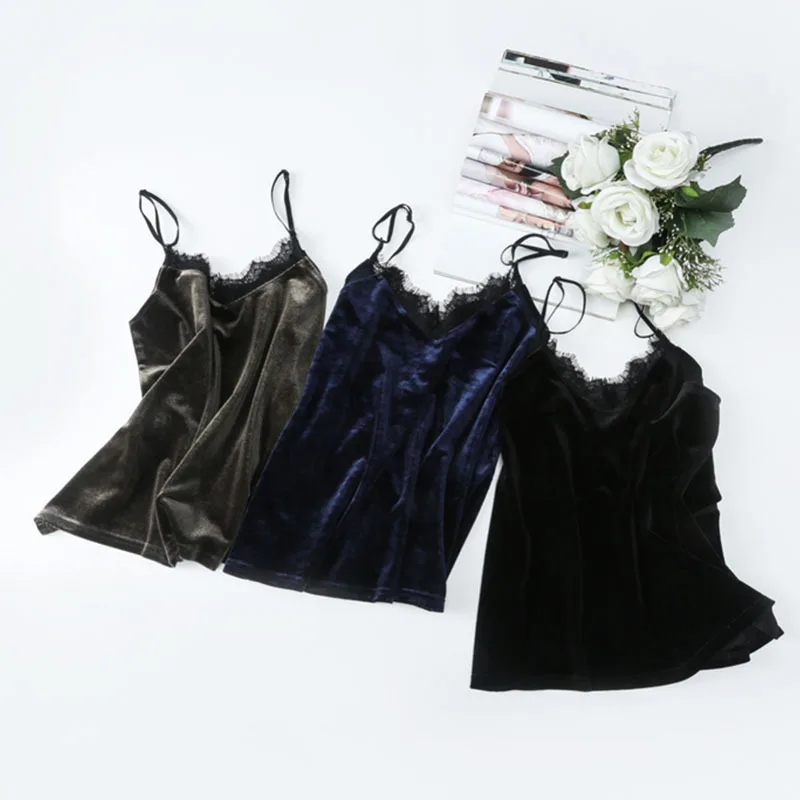 5 Color Plus Size Xxl Sexy Slim V Neck Lace Velvet Thin Strap Camis