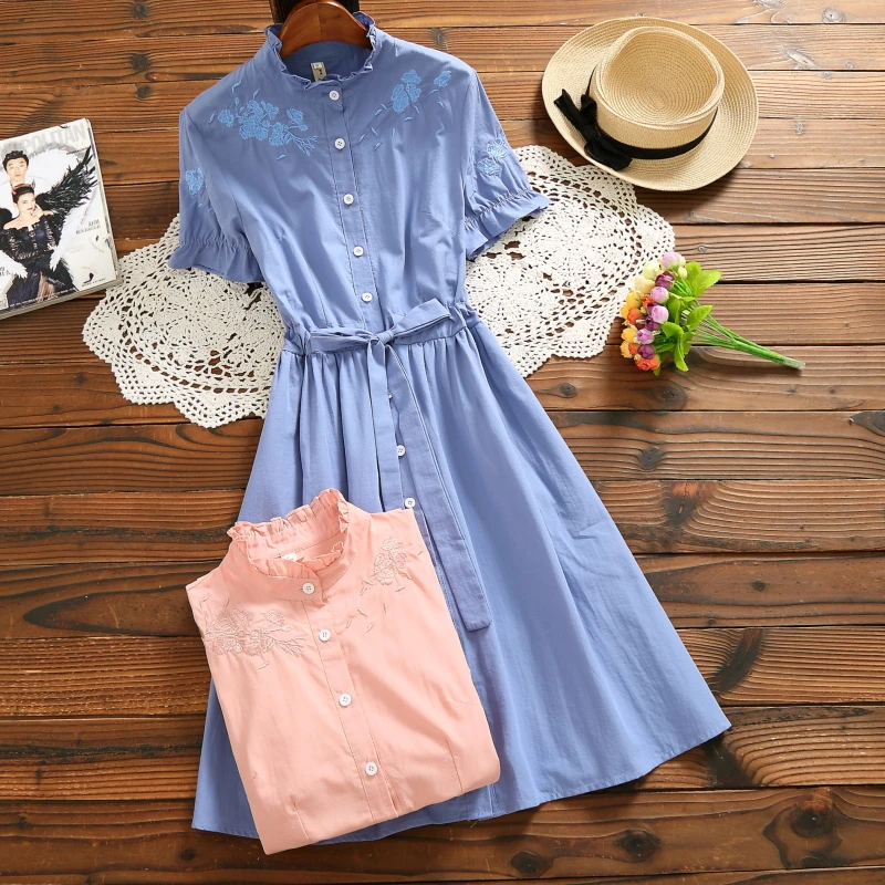 Japanese Mori Girl Dress Summer Clothes Women Short Sleeve Flower Embroidery Cotton Dresses | Женская одежда