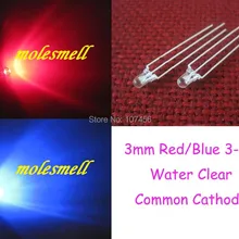 100 шт. 3 мм двойной Би-Цвет красный/синий яркий 3-Булавки LED общий катод светодиоды лампа 3 мм прозрачный 3 Булавки r/b привело